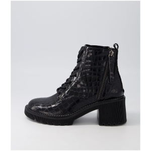 Django & Juliette Zyan Dj Black Croc Leather Black Boots Womens Shoes Casual Ankle Boots