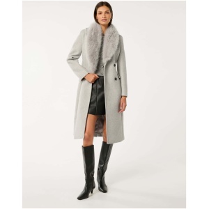 Forever New Women's Chelsea Double-Breasted Faux Fur Collar Coat in Light Grey Marle