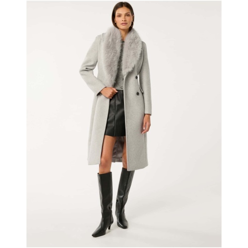 Forever New Women's Chelsea Double-Breasted Faux Fur Collar Coat in Light Grey Marle