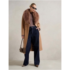 Forever New Women's Chelsea Double-Breasted Faux Fur Collar Coat in Mid Camel