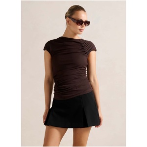 Forever New Women's Jessica Gathered Mesh Tee Shirt in Chocolate