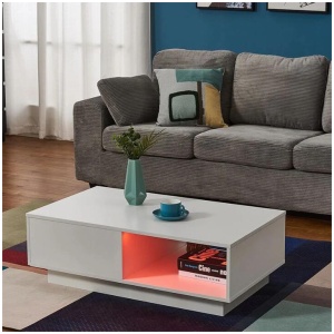 LED High Gloss Top White Coffee Table With Single Drawer