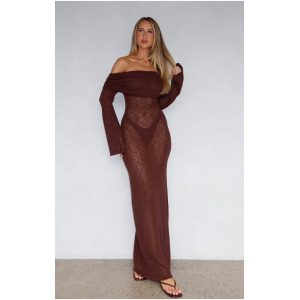 Made It Out Long Sleeve Boucle Maxi Dress Chocolate
