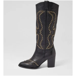 Mollini Lurva Mo Black Gold Leather Black Gold Boots Womens Shoes Casual Long Boots