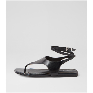 Mollini Lyrix Mo Black Shine Leather Black Sandals Womens Shoes Casual Sandals Flat Sandals