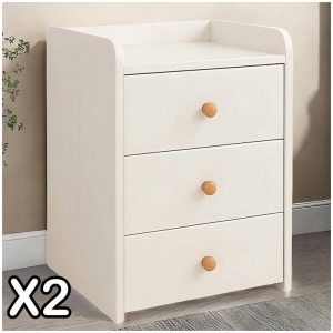2x Bedside Table Pair White 3 Drawers Wooden Knobs Modern Minimalist Design