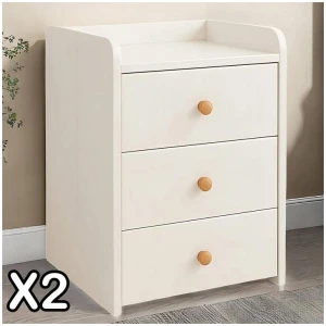 2x Bedside Table Pair White 3 Drawers Wooden Knobs Modern Minimalist Design