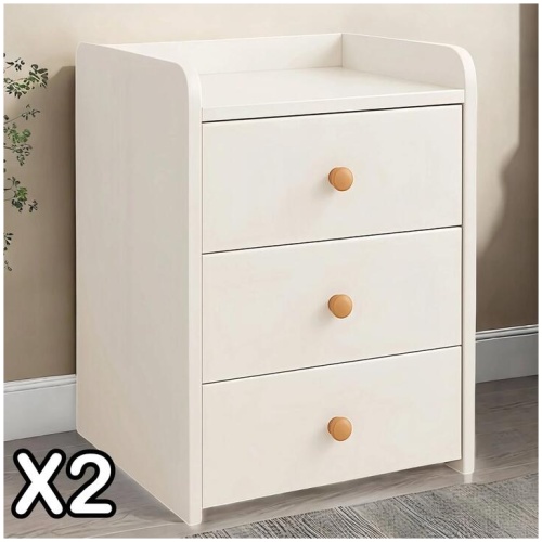 2x Bedside Table Pair White 3 Drawers Wooden Knobs Modern Minimalist Design