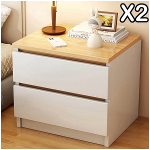 2x Bedside table pair oak wood grain drawers minimalist design furniture