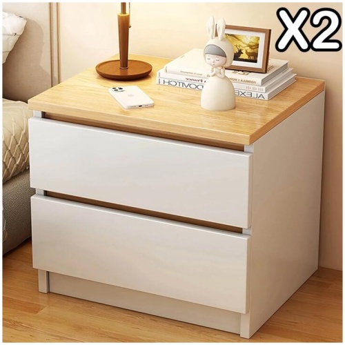 2x Bedside table pair oak wood grain drawers minimalist design furniture