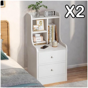 2x Bedside table pair white minimalist wooden drawers bedroom furniture