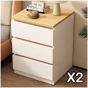 2x Bedside table set modern design oak wood grain white 3 drawers