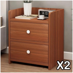 2x Bedside table walnut wood grain tray drawers vintage style furniture