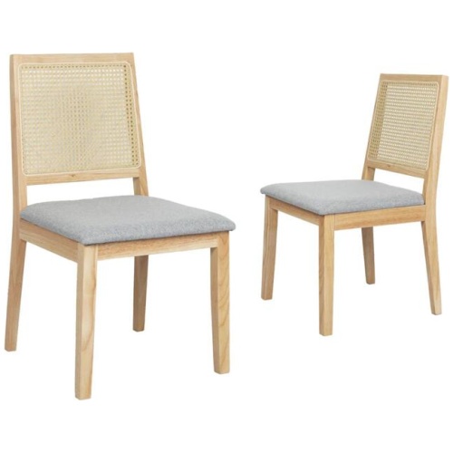 2x Rattan Dining Chairs - Solid Wood Frame, Upholstered Seat (Natural & Grey)