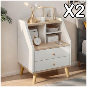 2x bedside table set wood grain drawers curved design bedroom furniture