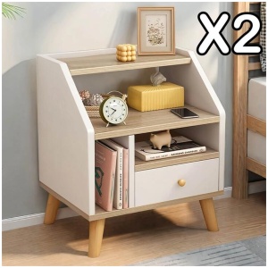 2x bedside table set wooden drawer natural white wood grain furniture