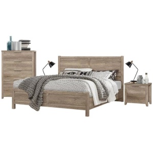 4 Pieces Bedroom Suite Natural Wood Like MDF Structure Queen Size Oak Colour Bed, Bedside Table & Tallboy