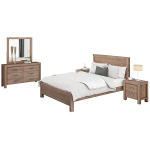 4 Pieces Bedroom Suite in Solid Wood Veneered Acacia Construction Timber Slat Queen Size Oak Colour Bed, Bedside Table & Dresser