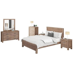 5 Pieces Bedroom Suite in Solid Wood Veneered Acacia Construction Timber Slat Queen Size Oak Colour Bed, Bedside Table , Tallboy & Dresser