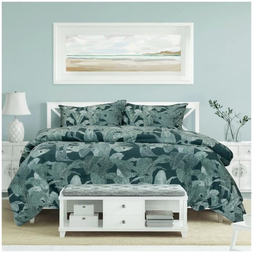 Ardor Indra Teal Palm Leaf Printed Quilt Cover Set Queen