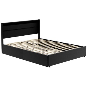 Bed Frame Queen Size LED with 4 Drawers Black DUNN