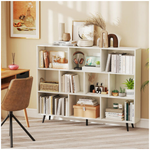 Costway10-Cube Bookcase 140 cm Mid Century Modern Storage Organizer with 5 Tapered Metal Legs-White
