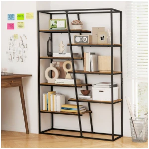 Costway180 cm Tall Bookshelf with Heavy-duty Metal Frame-Rustic Brown