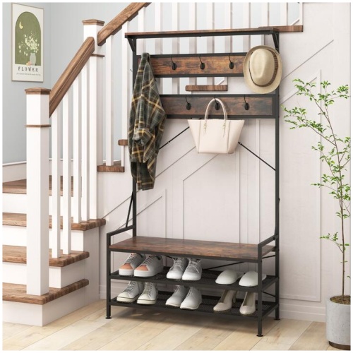 Costway4-In-1 Coat Rack with 11 Hanging Hooks and Shoe Bench-Rustic Brown