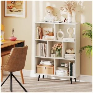 Costway7-Cube Bookcase Mid Century Modern Storage Organizer with 4 Tapered Metal Legs-White