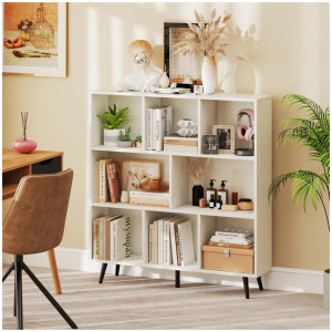 Costway8-Cube Bookcase Mid Century Modern Storage Organizer with 5 Tapered Metal Legs-White