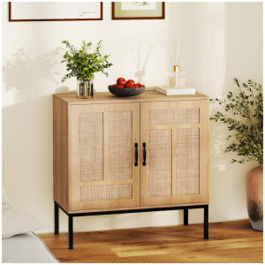 CostwayRattan Storage Cabinet 2-Door Buffet Sideboard with 3-Position Adjustable Shelf-Natural