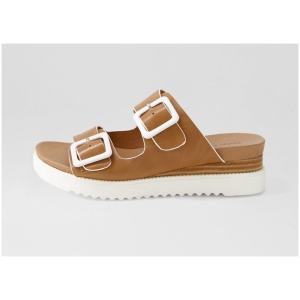 Django & Juliette Alphie Dj Tan White Leather Tan White Sandals Womens Shoes Casual Sandals Flat Sandals