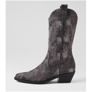 Django & Juliette Esteban Dj Black Distress Denim Leather Black Distress Denim Boots Womens Shoes Casual Calf Boots