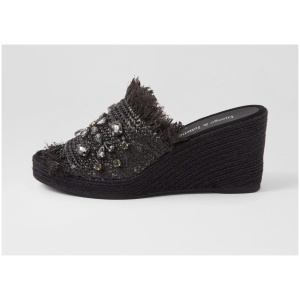 Django & Juliette Pitchy Dj Black Syn Raffia Black Sandals Womens Shoes Casual Heeled Sandals