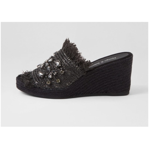 Django & Juliette Pitchy Dj Black Syn Raffia Black Sandals Womens Shoes Casual Heeled Sandals