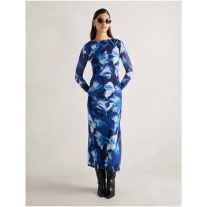 Forever New Women's Alannah Mesh Long Sleeve Midi Dress in Blue Odella Floral