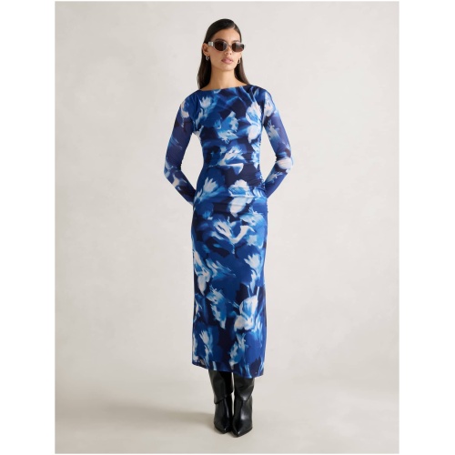 Forever New Women's Alannah Mesh Long Sleeve Midi Dress in Blue Odella Floral