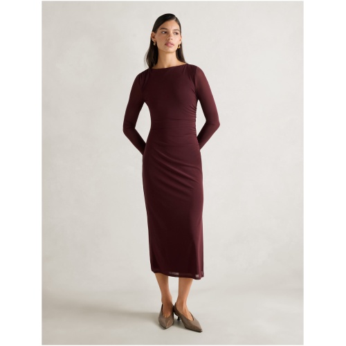 Forever New Women's Ally Long Sleeve Mesh Midi Dress in Deep Maroon