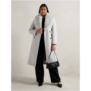 Forever New Women's Chelsea Curve Plus Size Double-Breasted Faux Fur Collar Coat in Light Grey Marle