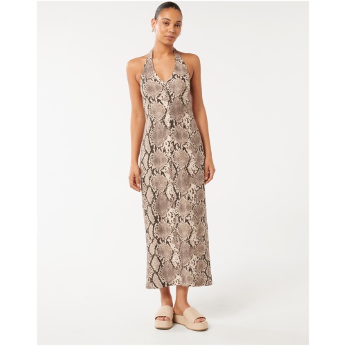 Forever New Women's Hailey Halter V-Neck Midi Dress in Light Sepia Snake