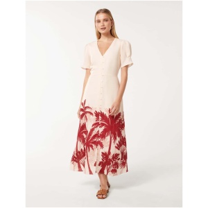 Forever New Women's Jaz Printed Linen Midi Dress in Red Lani Tropical