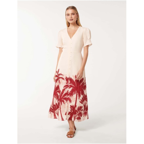 Forever New Women's Jaz Printed Linen Midi Dress in Red Lani Tropical