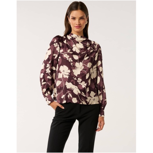 Forever New Women's Nancy Drape Neck Button Blouse in Audrey Stencil Berry