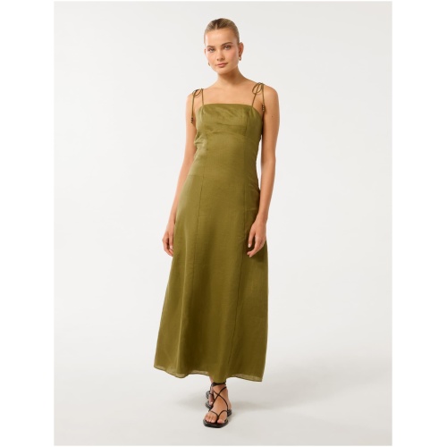 Forever New Women's Rita Beaded Tie Linen Midi Dress in Olive Branch