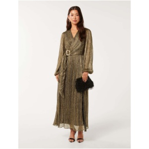 Forever New Women's Tyler Plisse Belted Midi Dress in Black/Gold