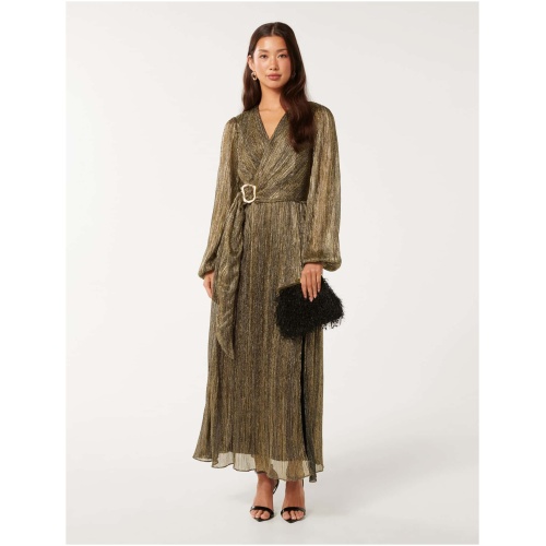 Forever New Women's Tyler Plisse Belted Midi Dress in Black/Gold