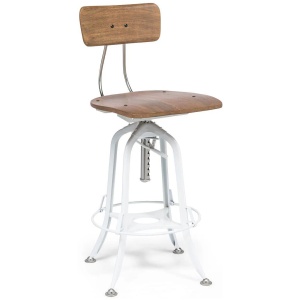 Hamptons Style White Bar Stool Chair Height Adjustable and Swivel with Natural Wood Top