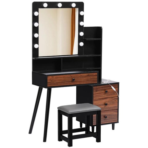 LED Dressing Table Stool Set in Black and Brown| 11 Dimmable Bulbs, Bedside Cabinet, and Ample Storage (Black and Brown)