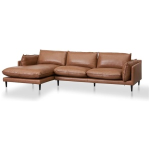Lucio 4 Seater Left Chaise Leather Sofa - Caramel Brown - Last One by Interior Secrets - AfterPay Available
