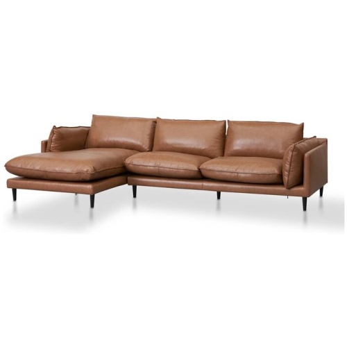 Lucio 4 Seater Left Chaise Leather Sofa - Caramel Brown - Last One by Interior Secrets - AfterPay Available